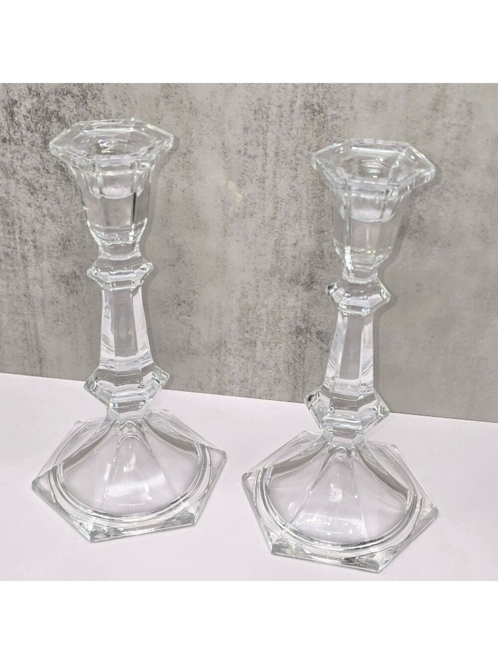 Lenox Lead Crystal Candlesticks Pair Vintage Clear Hexagonal VL5163